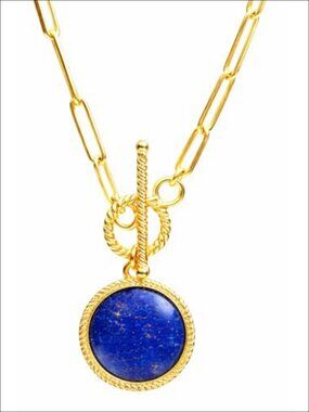 14k Gold Plated Lapis Lazuli Coin Pendant Necklace Toggle Chain